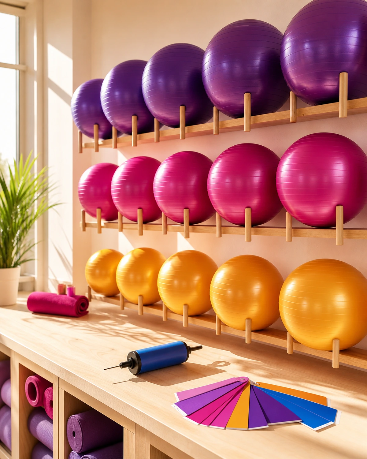 The Bruse Yoga studio, balls arranged by diameter