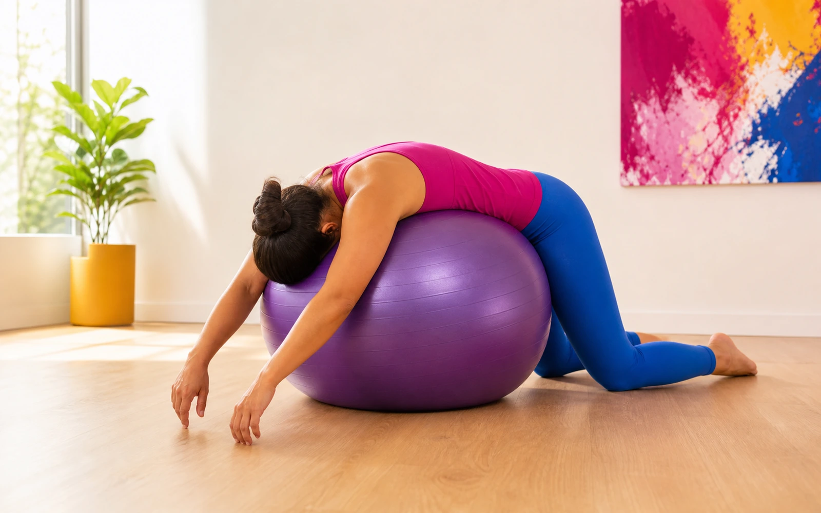 A person draped forward over a stability ball in a resting position