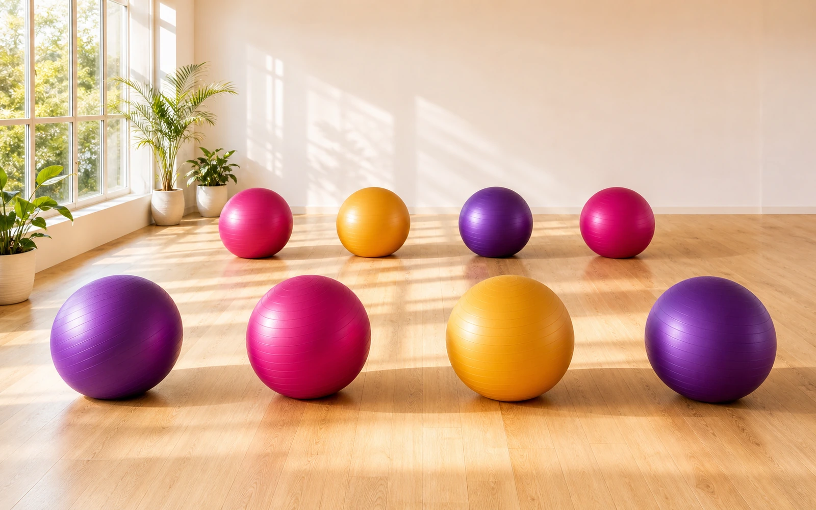A studio floor arranged with stability balls spaced for a class