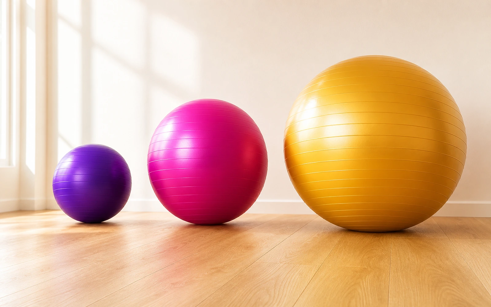 Three yoga balls of different diameters lined up against a bright wall