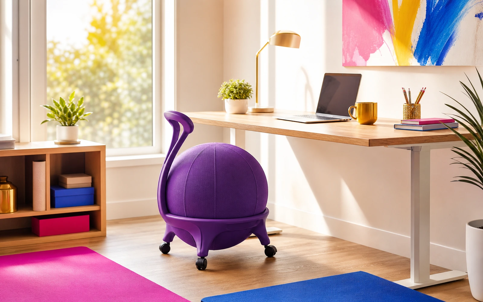 A desk setup with a ball chair beside a laptop in morning light