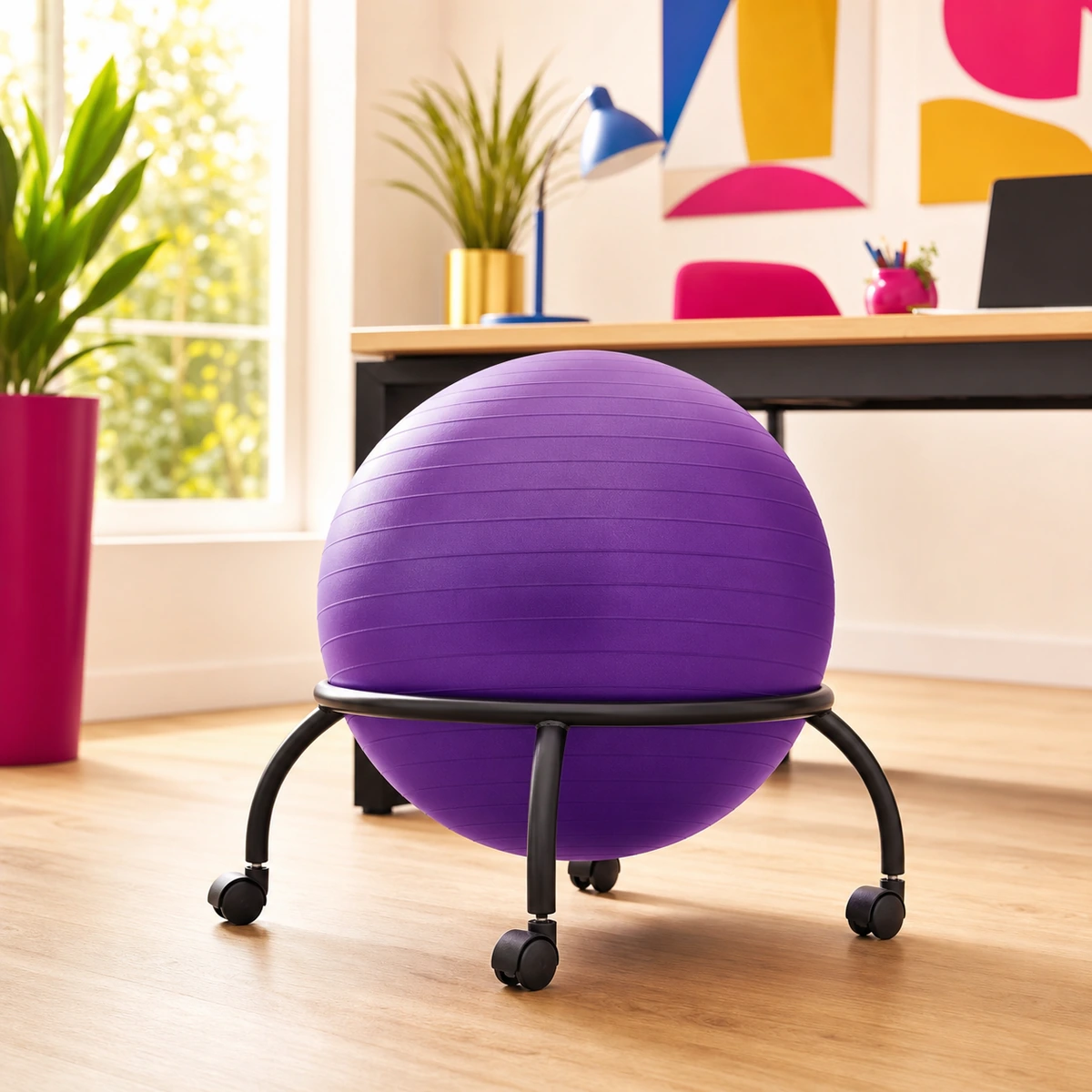 Cadence ball chair with a 65cm ball seated in a low steel base