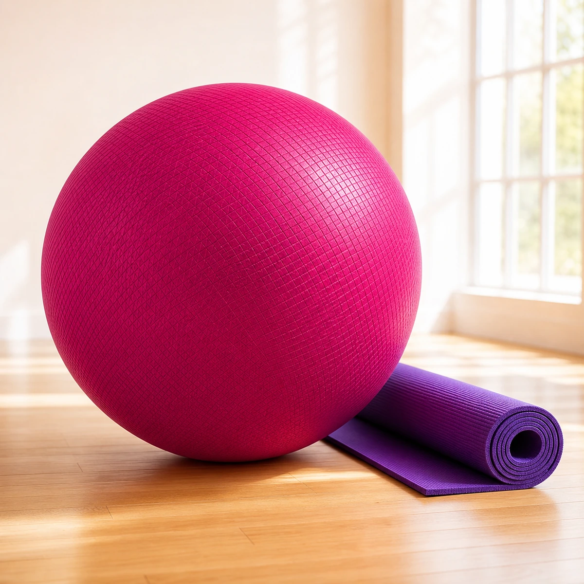 Flowburst 75cm anti-burst ball in deep magenta beside a rolled mat