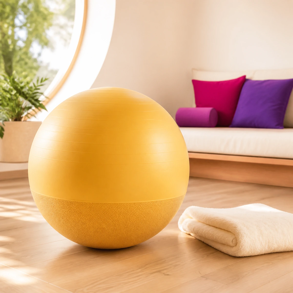 Sunleaf 75cm birthing ball in warm gold with a soft blanket nearby
