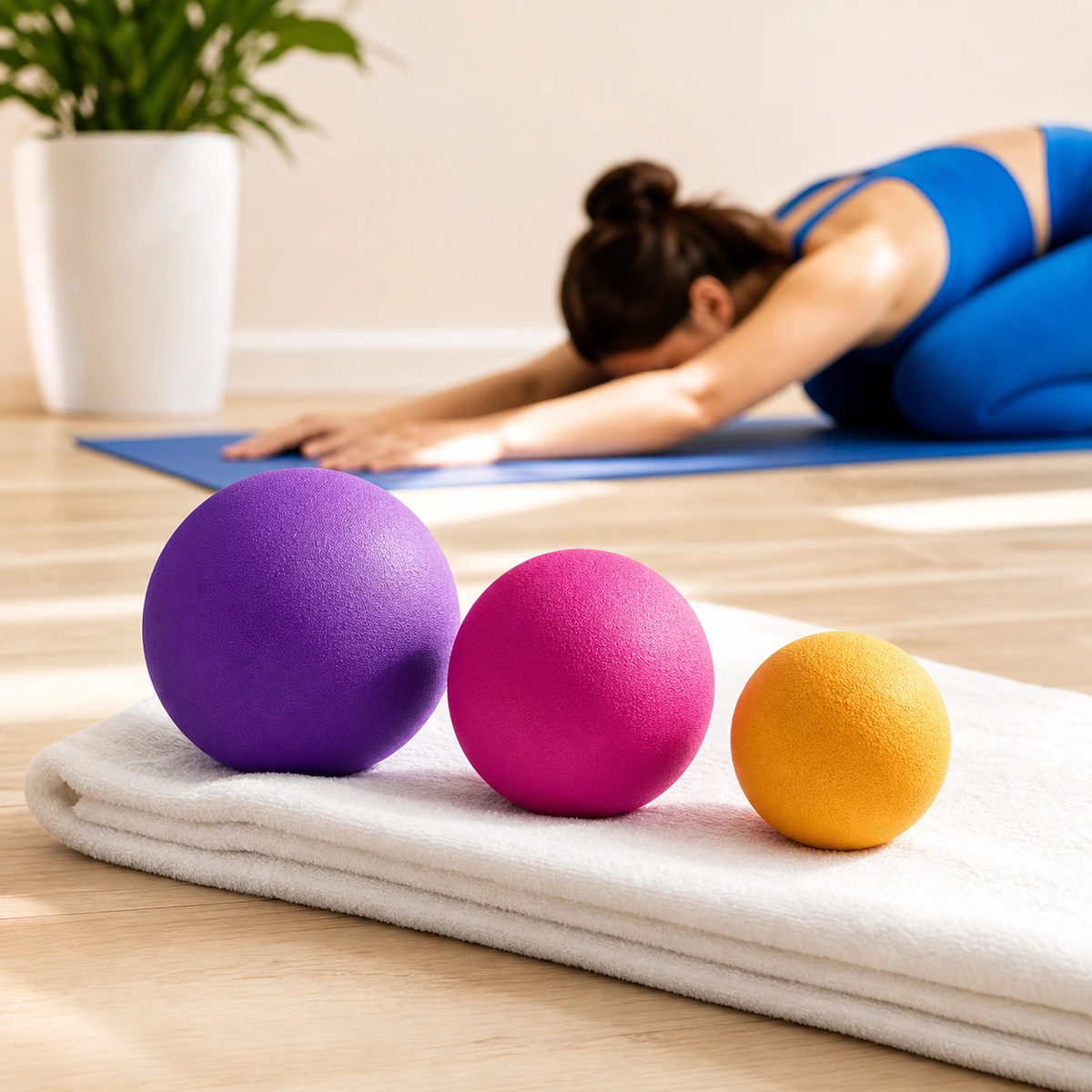 Three Vibe massage balls in graduated sizes on a folded towel